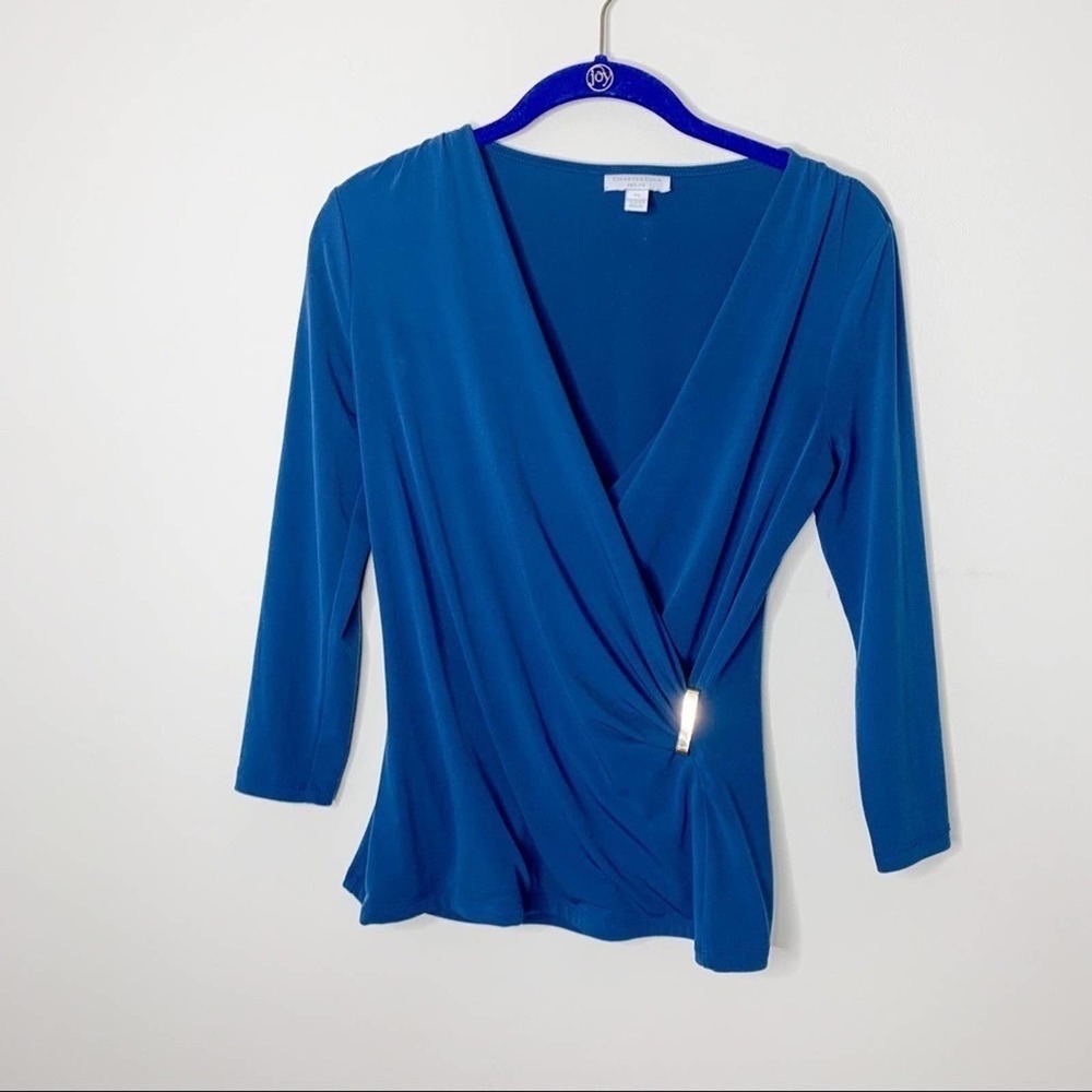 Charter club petite blue wrap quarter sleeve blouse size PS